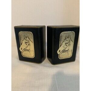 Vintage Black/Gold Leather Over Plaster Embossed Horses Head Bookends.